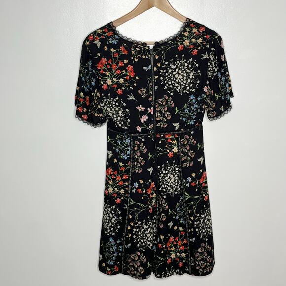 Alice + Olivia Womens Amara Mini Dress 2 Black Floral Fit And Flare V Neck Lace - Picture 12 of 15